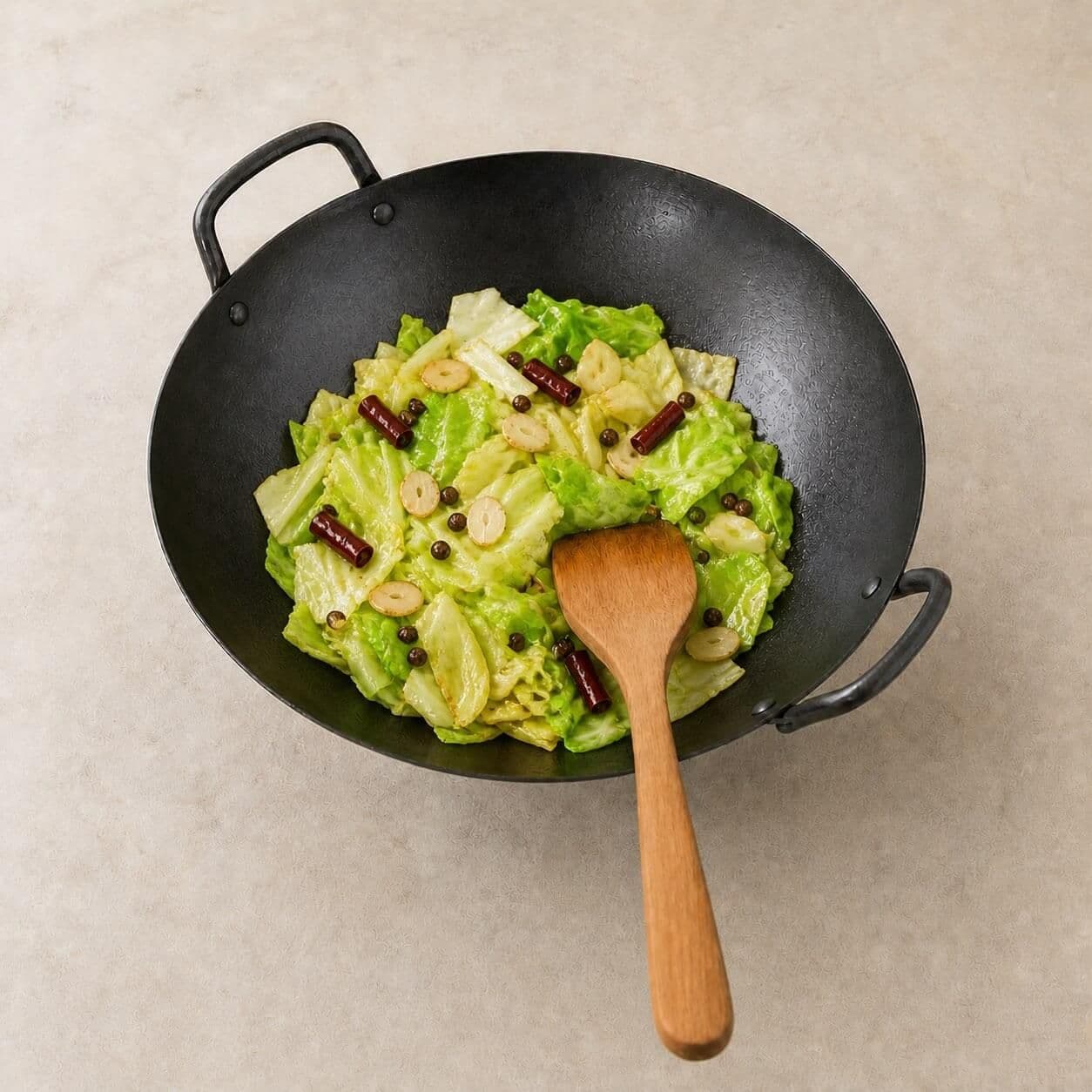 Stir-fry the cabbage over high heat