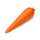 One whole fresh carrot with a short trimmed crown, arranged diagonally on a pure white background.