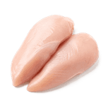 Two raw boneless skinless chicken breast fillets.