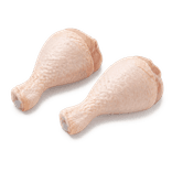 Two raw bone-in, skin-on chicken drumsticks on a pure white background.