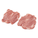 Two raw boneless skinless chicken thigh meat fillets on a pure white background.