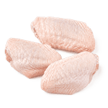 Three raw bone-in, skin-on chicken wing mid-joints