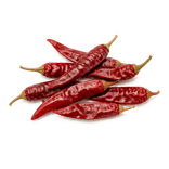 Seven whole stem-on dried red chilies on a pure white background.