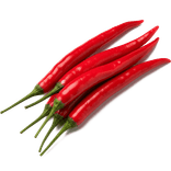 A small natural cluster of fresh slender red chili peppers with green stems