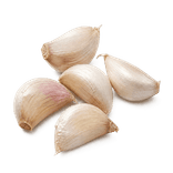 Five whole unpeeled raw garlic cloves in a loose natural cluster on a pure white background.