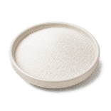 A low warm off-white ceramic condiment dish holding a gently domed mound of crystalline white granulated sugar on a pure white background.
