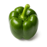 One whole fresh green bell pepper with intact stem on a pure white background.