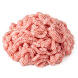A natural mound of raw pink ground pork on a pure white background.