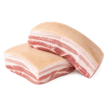 Two fresh raw skin-on pork belly slabs with clearly visible alternating lean and fat layers.