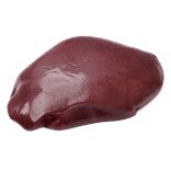 One whole uncut deep burgundy-purple raw pork liver lobe on a pure white background.