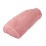 One trimmed raw boneless lean pork loin on a pure white background.