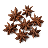 Seven whole dark reddish-brown dried star anise fruits in a natural cluster.