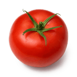 One whole fresh red tomato with its natural green calyx on a pure white background.