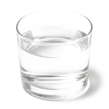 A short clear glass tumbler filled with colorless water on a pure white background, with a visible waterline and natural refraction.