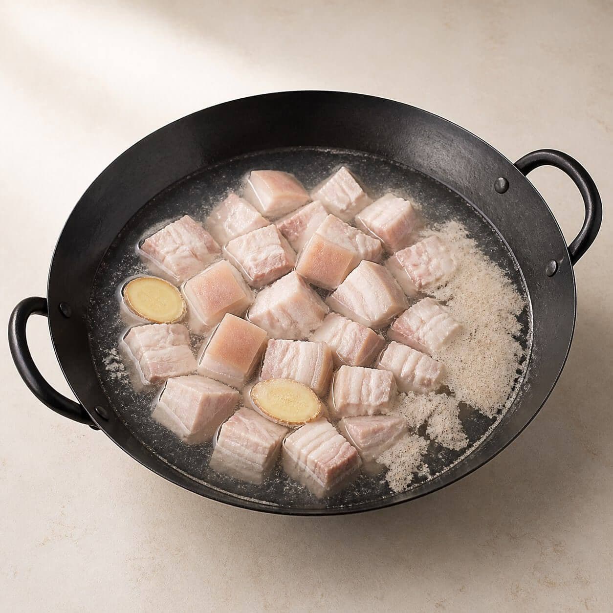 Skin-on pork belly cubes blanching with ginger in cold water in the locked black two-loop-handle wok.