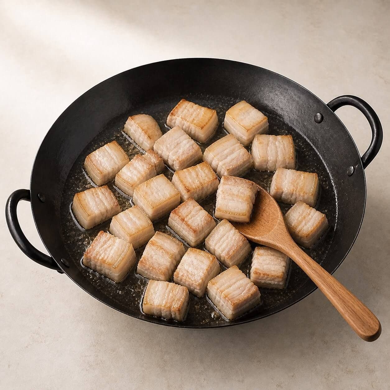 Pork belly cubes gently rendering until lightly golden in the locked black two-loop-handle wok.