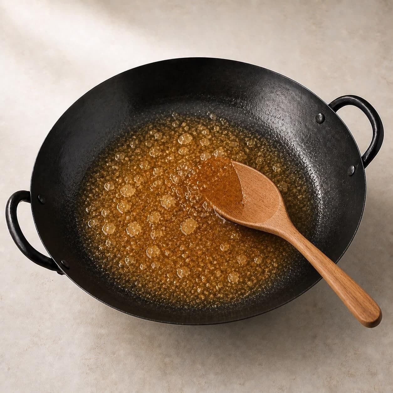 Rock sugar melting into a fine-bubbled amber syrup in the locked black two-loop-handle wok.