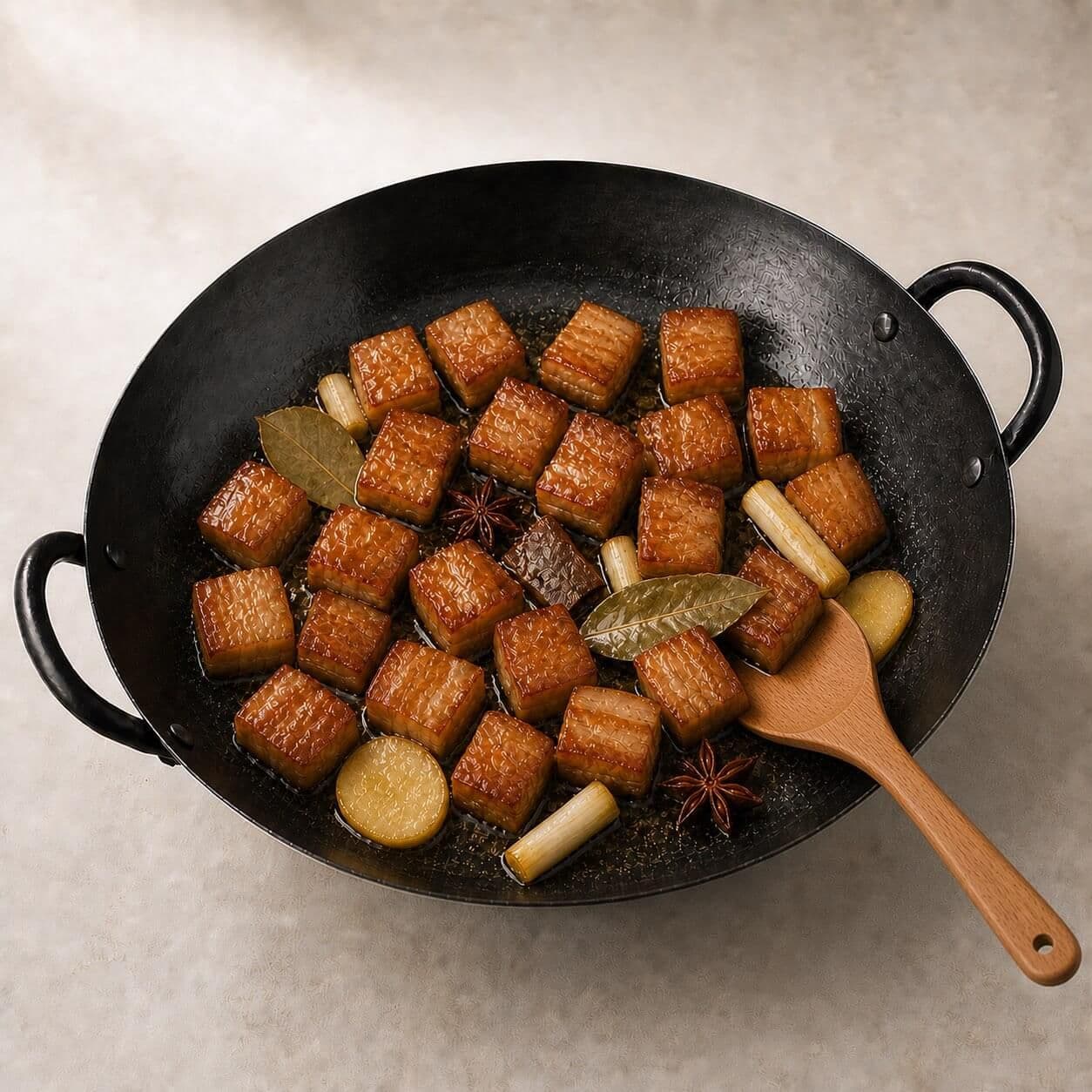 Pork belly tossing with ginger, scallion, star anise, bay leaf, and cassia bark in a glossy red-brown caramel-soy coating.