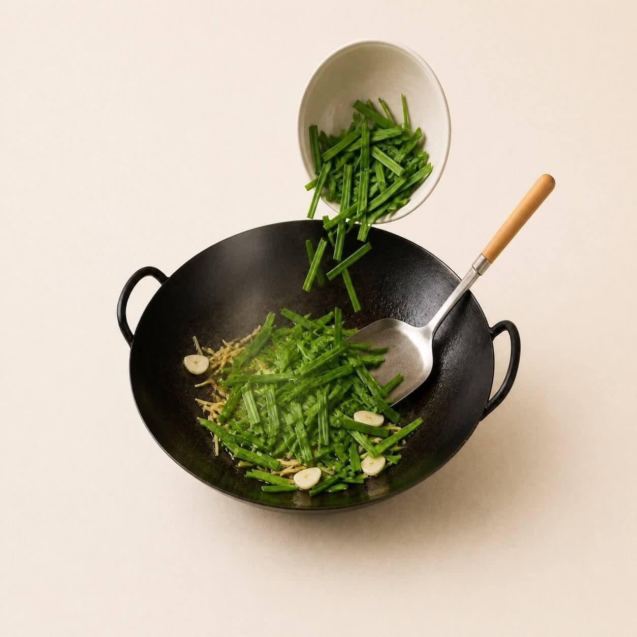 Fry the aromatics and chives