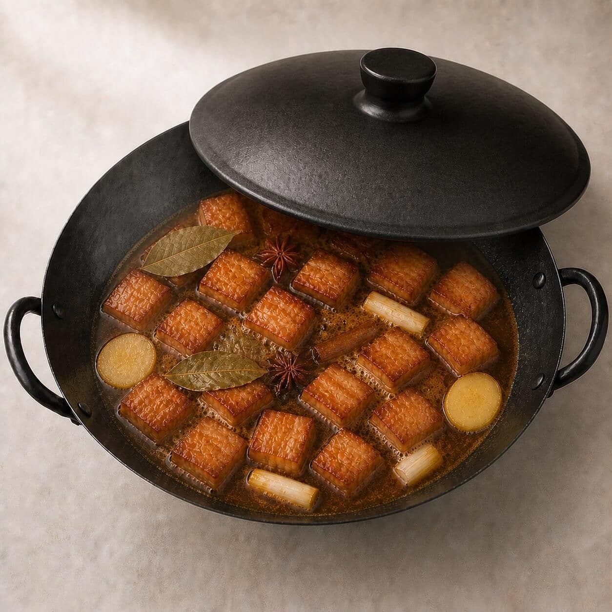 Pork belly gently braising in reddish-brown liquid under the matching lid of the locked black two-loop-handle wok.