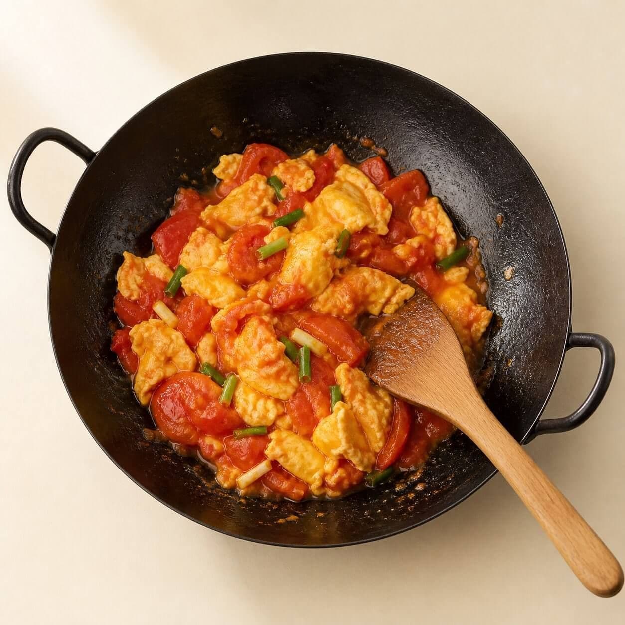 Return the eggs, fold, and finish with scallion