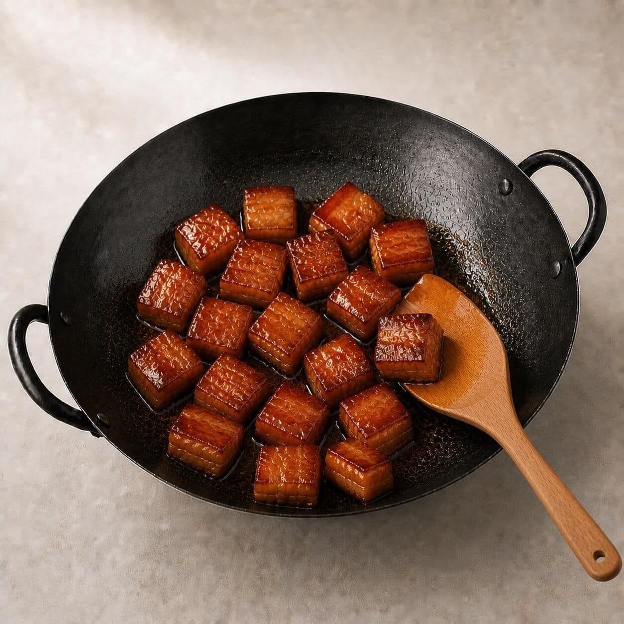 Tender pork belly cubes coated in a thick glossy red-brown sauce as the braise reduces in the locked black two-loop-handle wok.